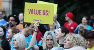 Queensland teachers rally outside of Parliament House.