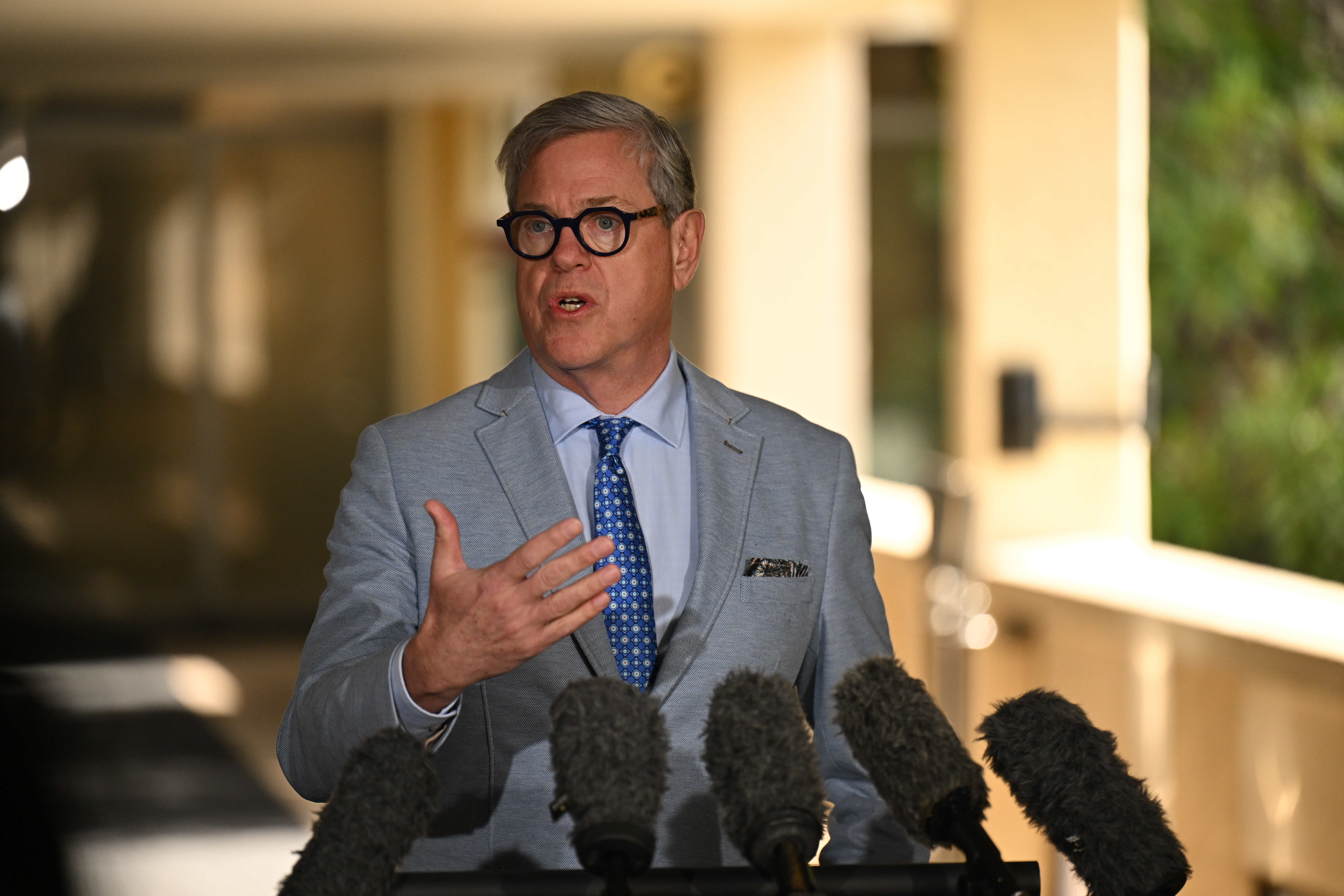 Minister for Health and Ambulance Services Tim Nicholls, along with Together Branch Secretary, Alex Scott hold a press conference at Parliament House, Brisbane.