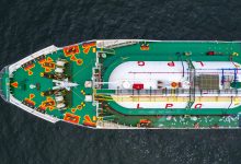 Ship tanker gas LPG, Aerial view Liquefied Petroleum Gas (LPG) tanker, Tanker ship logistic and transportation business oil and gas industry.