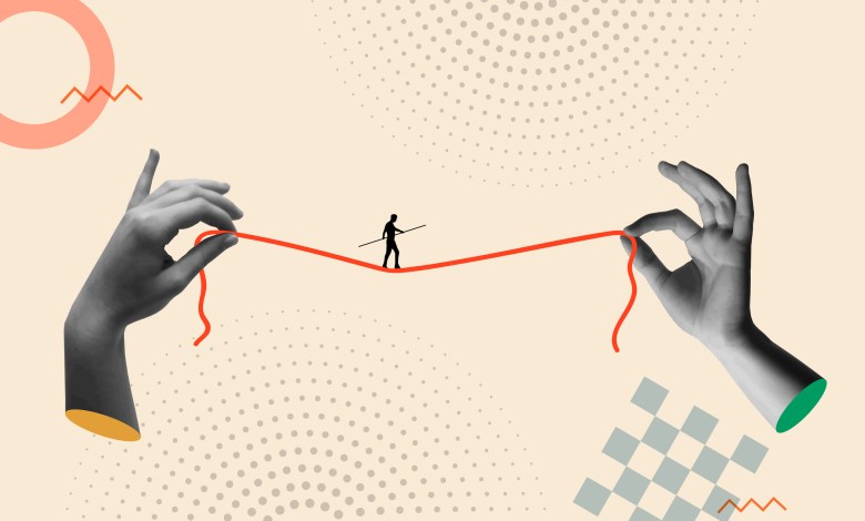 Man doing tightrope walk and human hands holding the rope in a 80s retro collage vector illustration. Contemporary art concept for financial risk, work challenge and dangerous business.