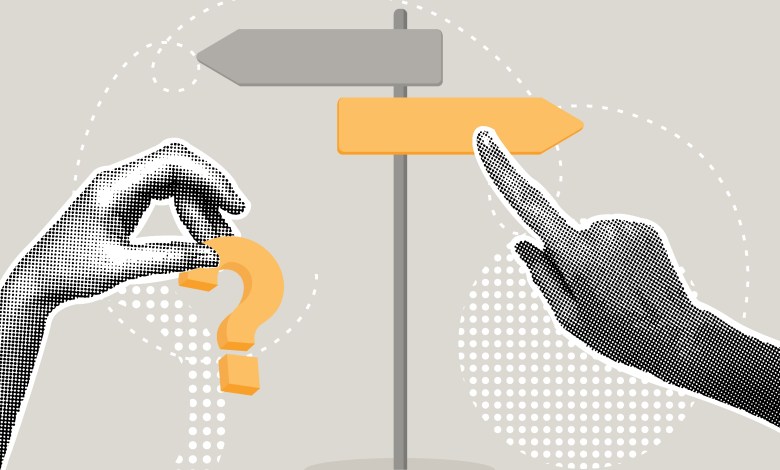 Trendy halftone collage. Concept of choice, make a decision left or right, ability to think in a difficult situation, question of choosing between 2 directions. Illustration for web banner, social media banner. Vector illustration