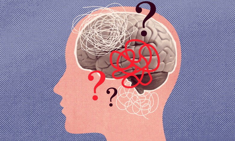 Indecision, confusion concept collage vector illustration. Human head silhouette with brain concept illustration.