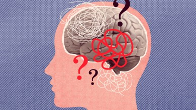 Indecision, confusion concept collage vector illustration. Human head silhouette with brain concept illustration.