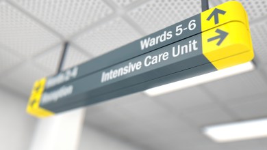 A ceiling mounted hospital directional sign highlighting the way towards the intensive care unit - 3D render